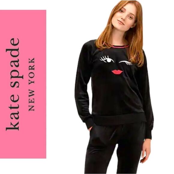 KATE SPADE VELOUR WINKY FACE AND LIPS BLACK VELVET SWEATER SWEATSHIRT LOUNGEWEAR - Picture 1 of 16